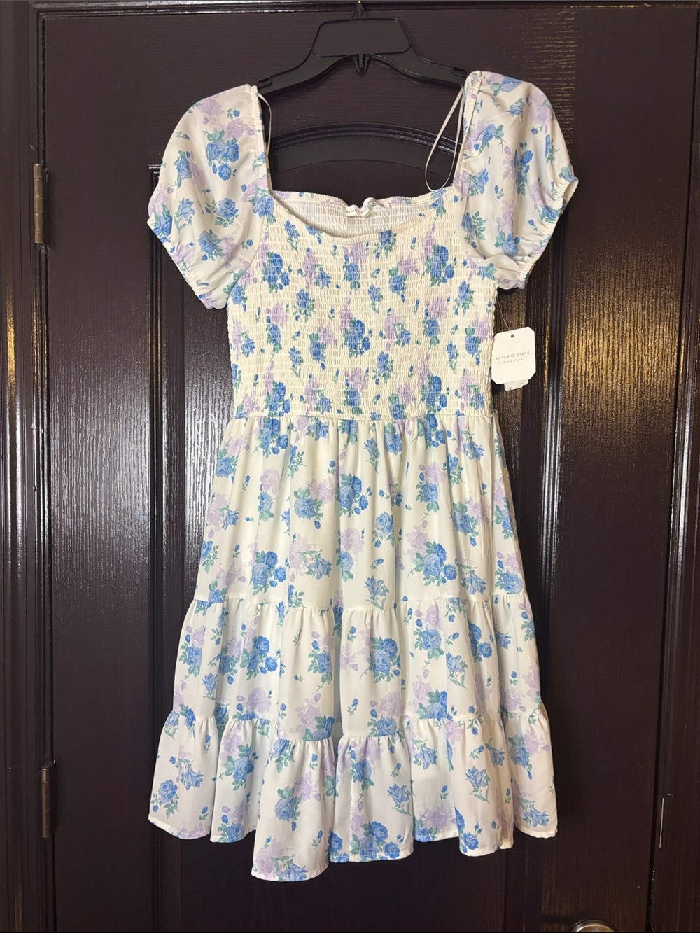 Altar'd State White Floral Smocked Puff-Sleeve Dress